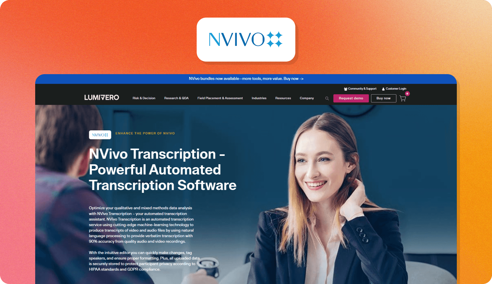 NVivo logo above a screenshot of the Lumivero NVivo Transcription page with the headline Powerful Automated Transcription Software