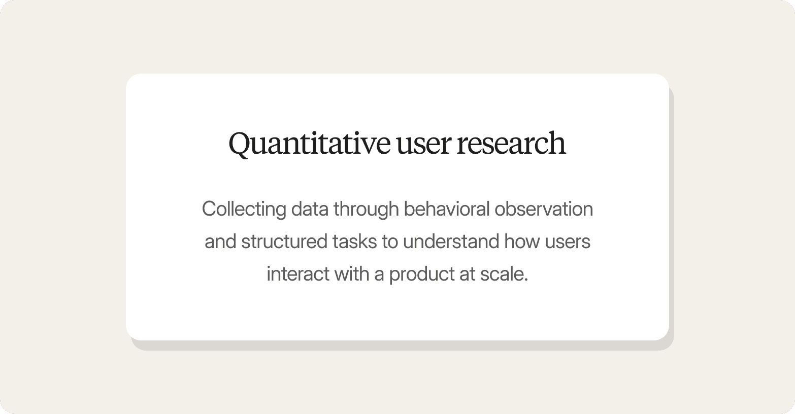 A definition card on a light cream background featuring a white rounded card titled "Quantitative user research," defining it as collecting data through behavioral observation and structured tasks to understand how users interact with a product at scale.