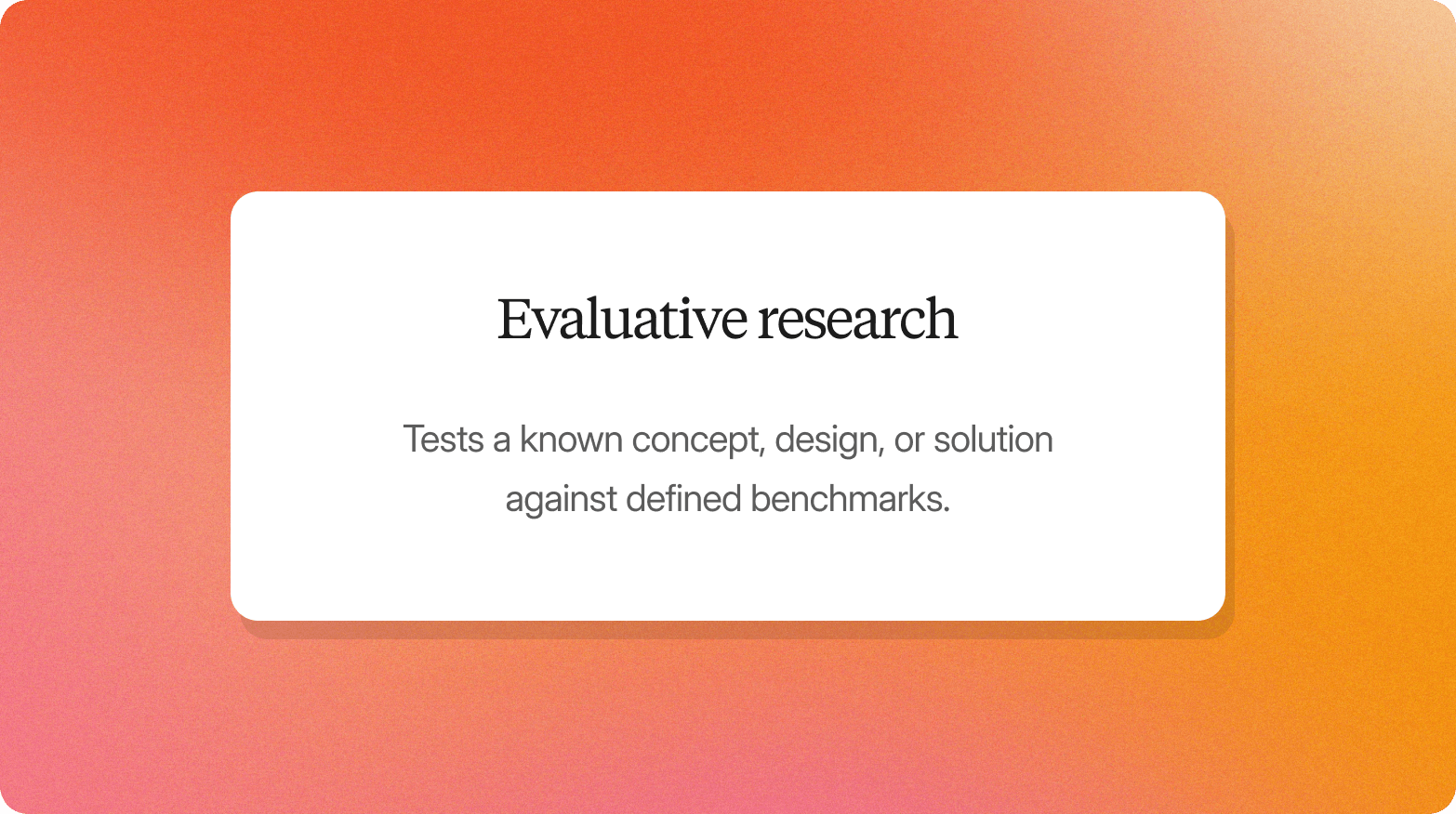 Orange gradient graphic with a white card titled "Evaluative research," describing it as testing a known concept, design, or solution against defined benchmarks.