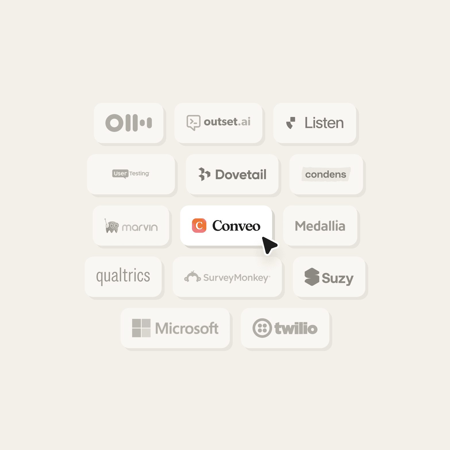 Grid of competitor logo cards on a beige background – Otter.ai, Outset.ai, Listen, UserTesting, Dovetail, Condens, Marvin, Conveo (highlighted white with a cursor pointing at it), Medallia, Qualtrics, SurveyMonkey, Suzy, Microsoft, and Twilio – arranged in five rows to compare qualitative research and customer insight platforms.