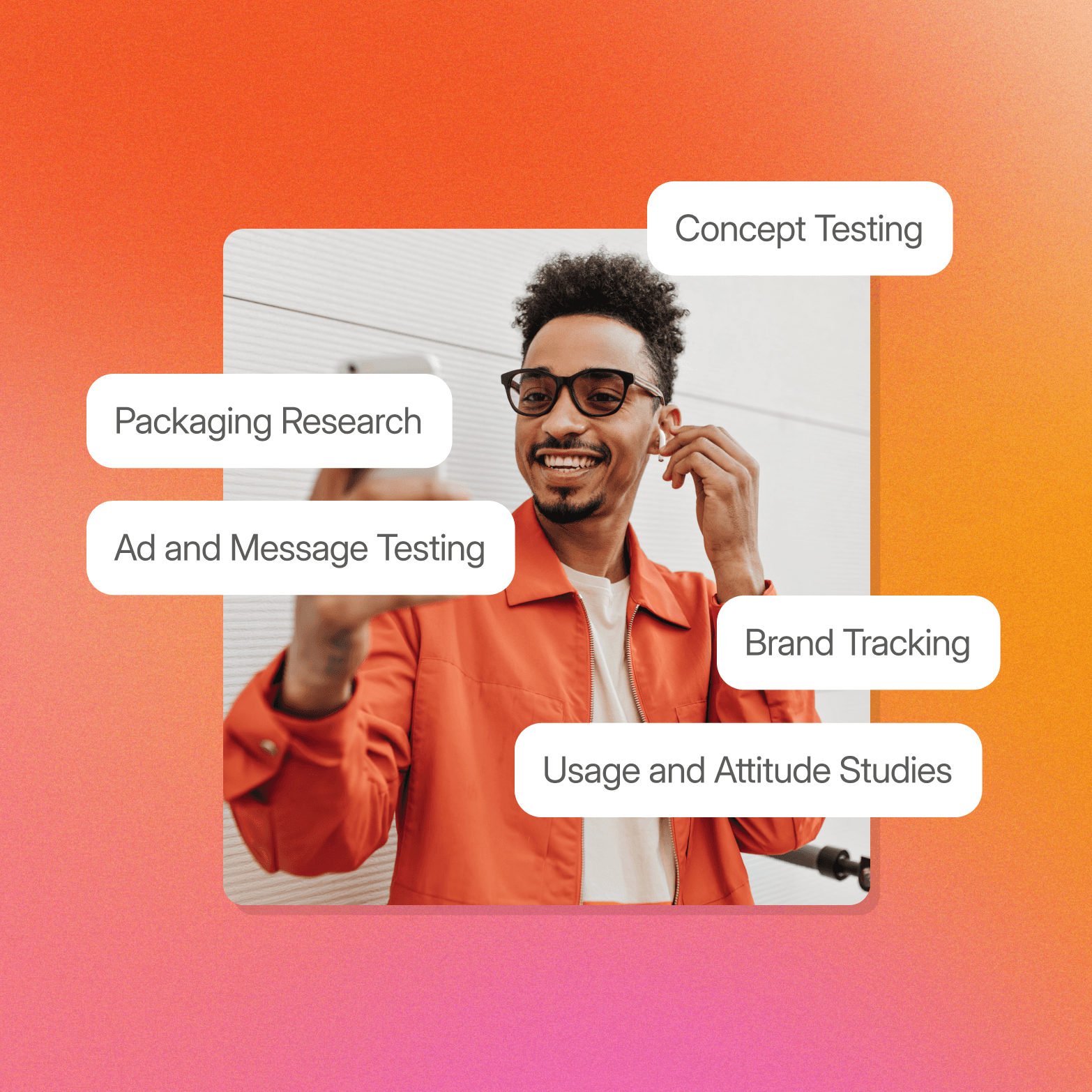 A smiling man in an orange jacket and glasses gestures toward the camera against a warm orange-to-pink gradient background, with five white pill-shaped labels overlaid around him: "Concept Testing" (top right), "Packaging Research" (left), "Ad and Message Testing" (left), "Brand Tracking" (right), and "Usage and Attitude Studies" (bottom right).