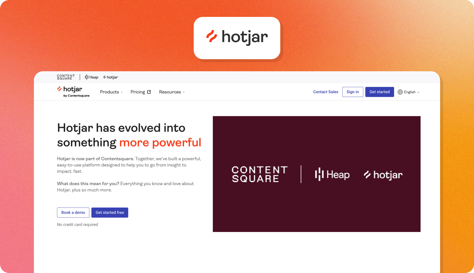 Screenshot of the Hotjar website homepage announcing "Hotjar has evolved into something more powerful," noting its merger with Contentsquare and Heap.