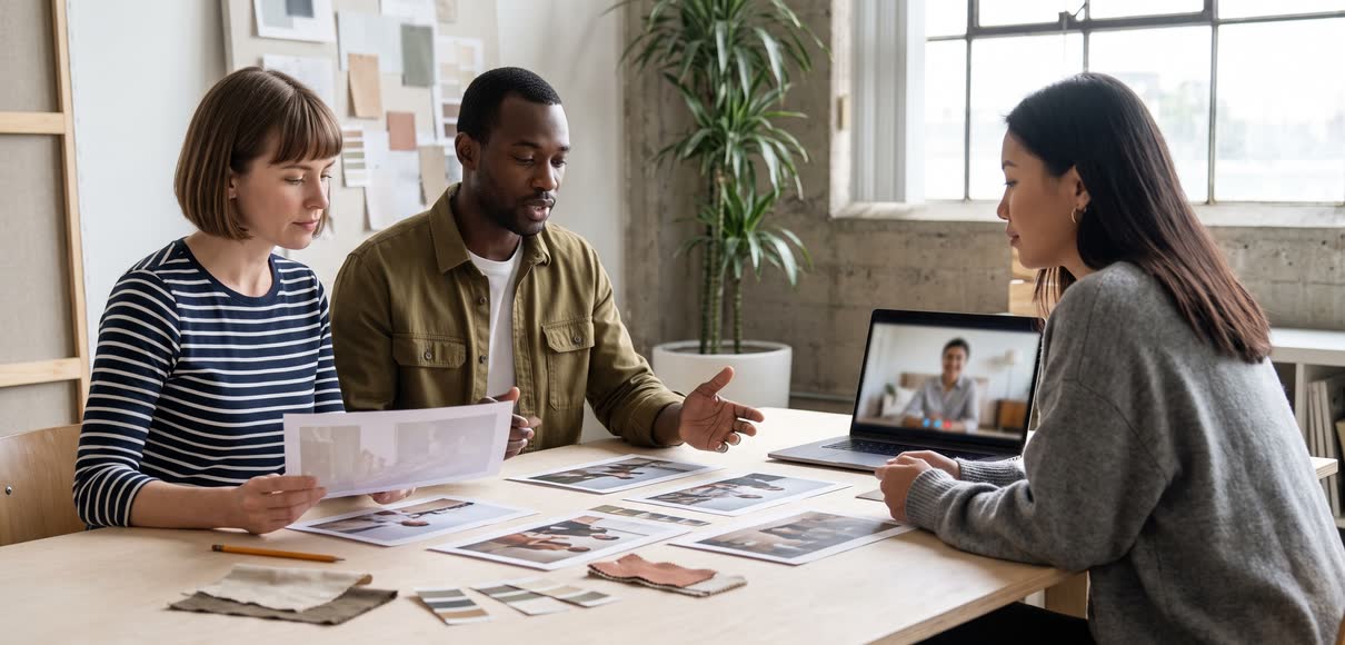 An agency team working through a pitch at a studio table, printed stills and swatches in front of them and a consumer video call on the laptop