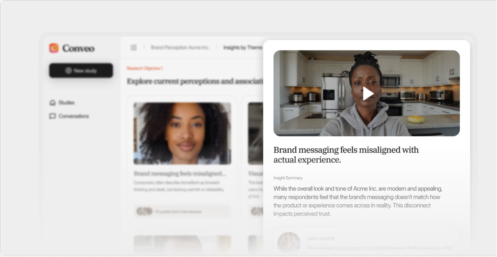 An insight theme in Conveo with its summary and the participant video clip behind it