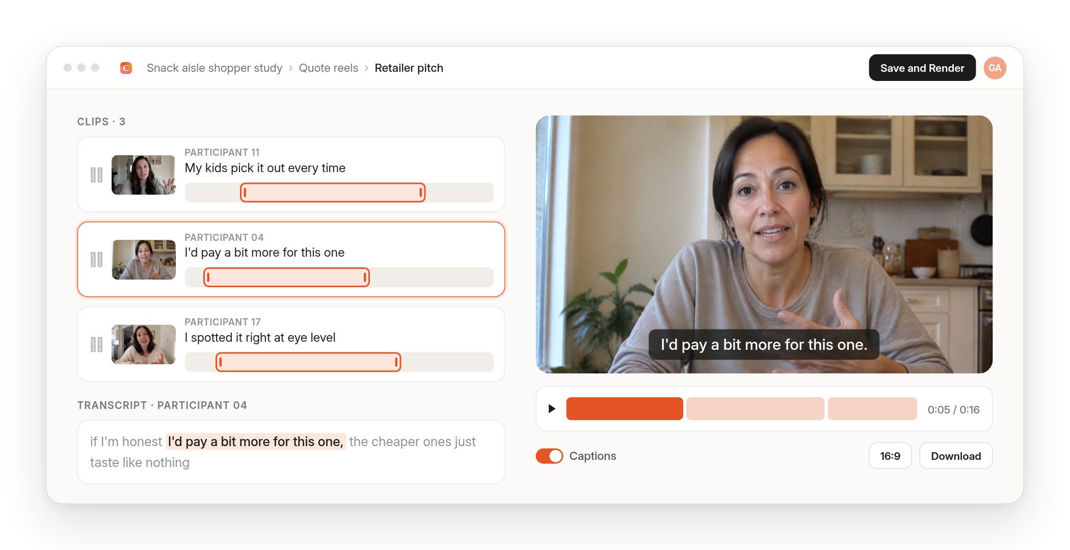 A Conveo quote reel for a retailer pitch: three shopper clips trimmed from their transcripts, with captions on the selected clip