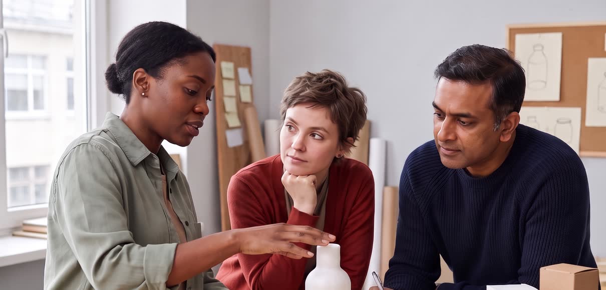 An innovation lead talking two colleagues through early prototypes