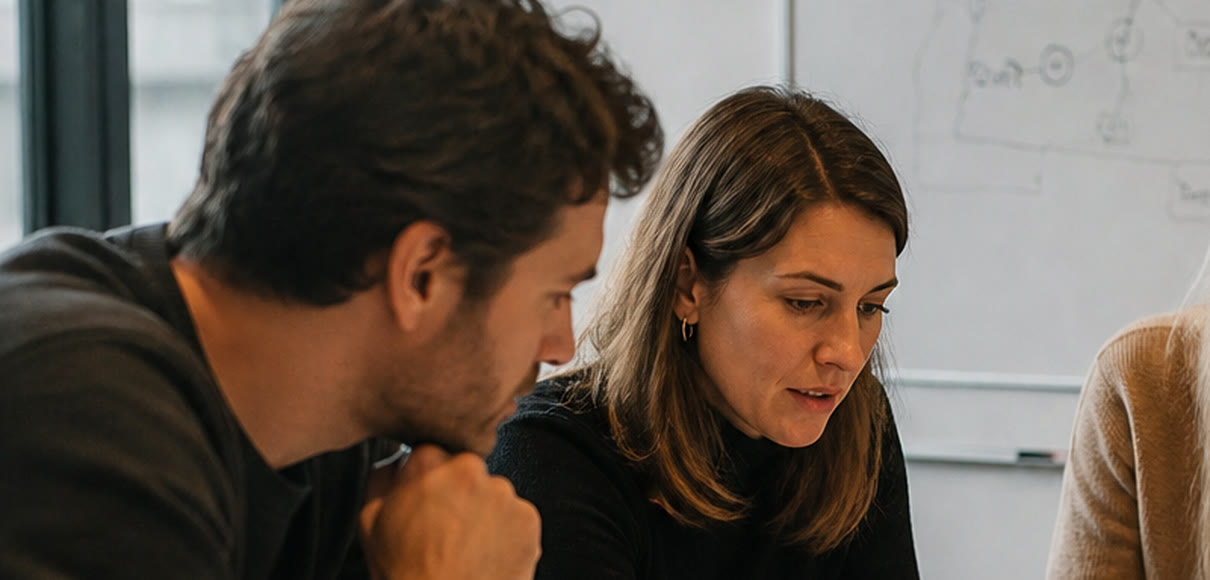 A strategy lead and a colleague working through interview notes, a market map on the whiteboard behind them