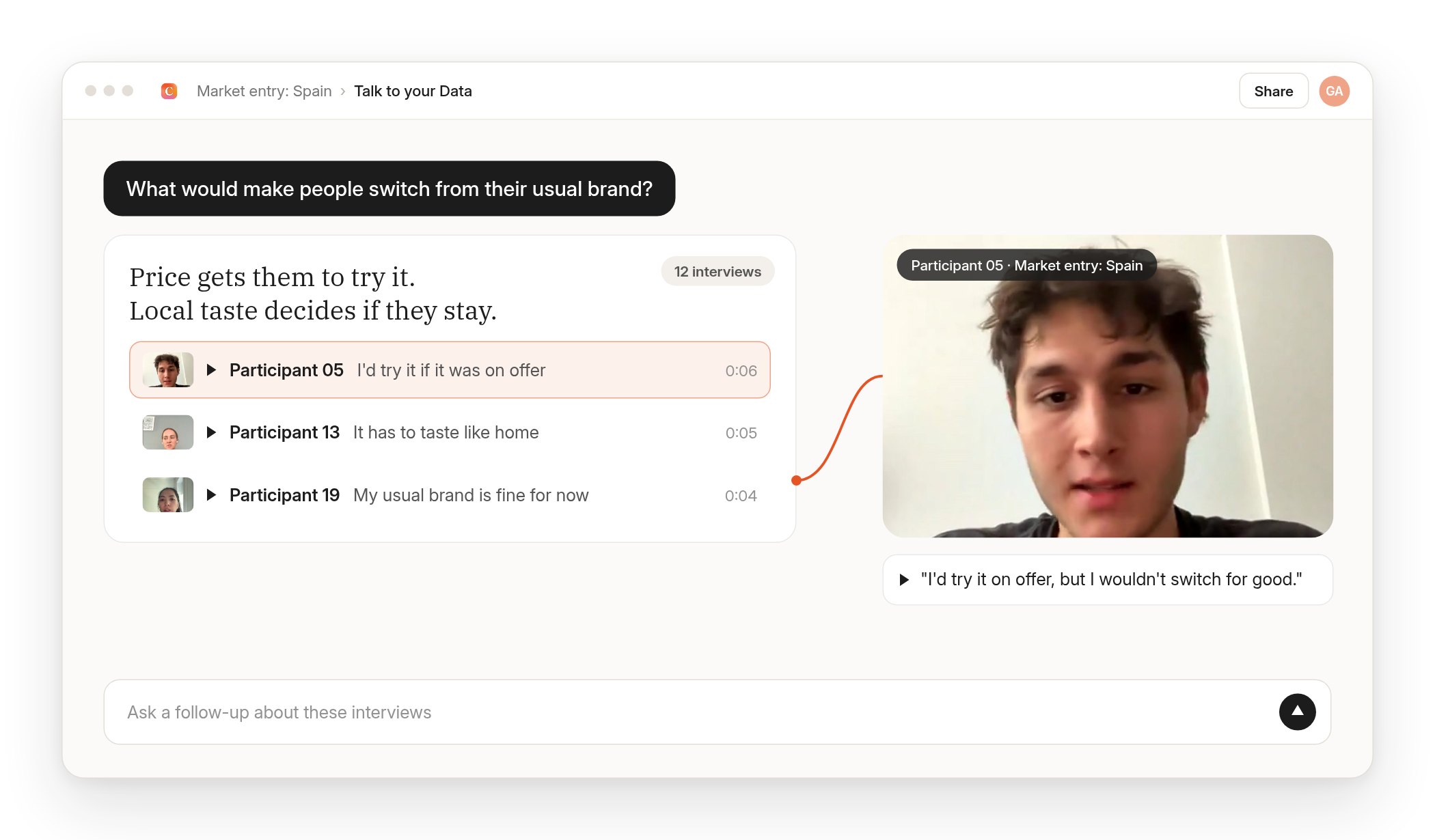 Talk to your Data in Conveo answering a market entry question, with the participant clips behind the answer