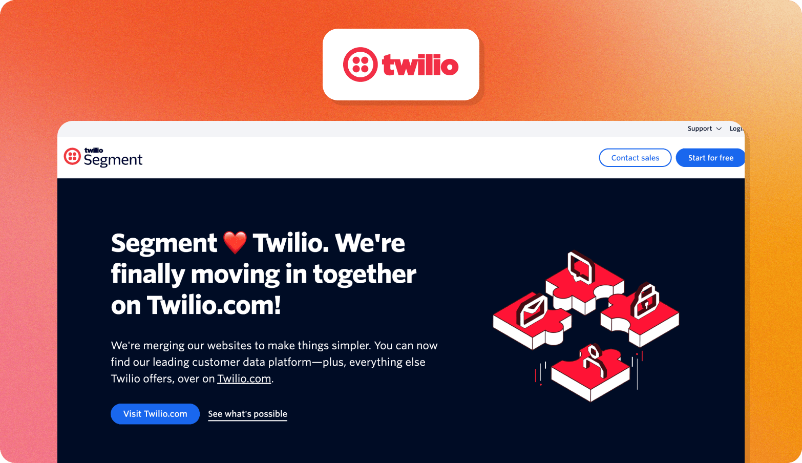 Twilio Segment page announcing "Segment ❤️ Twilio. We're finally moving in together on Twilio.com," with an isometric puzzle-piece illustration.