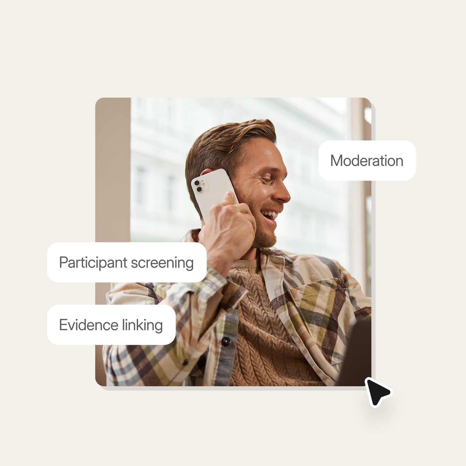 Man smiling on a phone call beside Participant screening, Evidence linking and Moderation labels, the quality checks behind B2B interviews