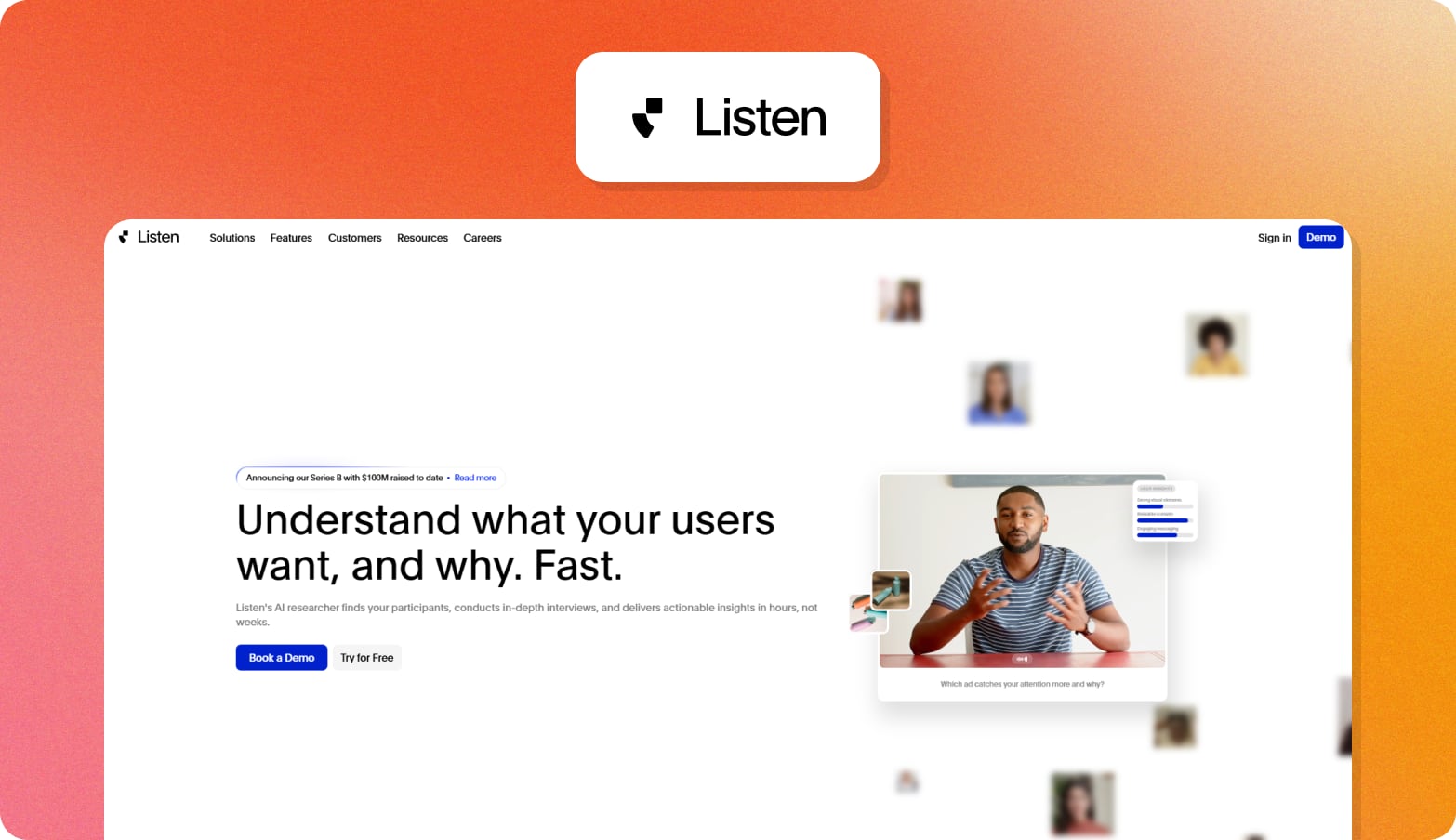 Listen logo above a screenshot of the Listen Labs homepage with the headline Understand what your users want, and why. Fast.
