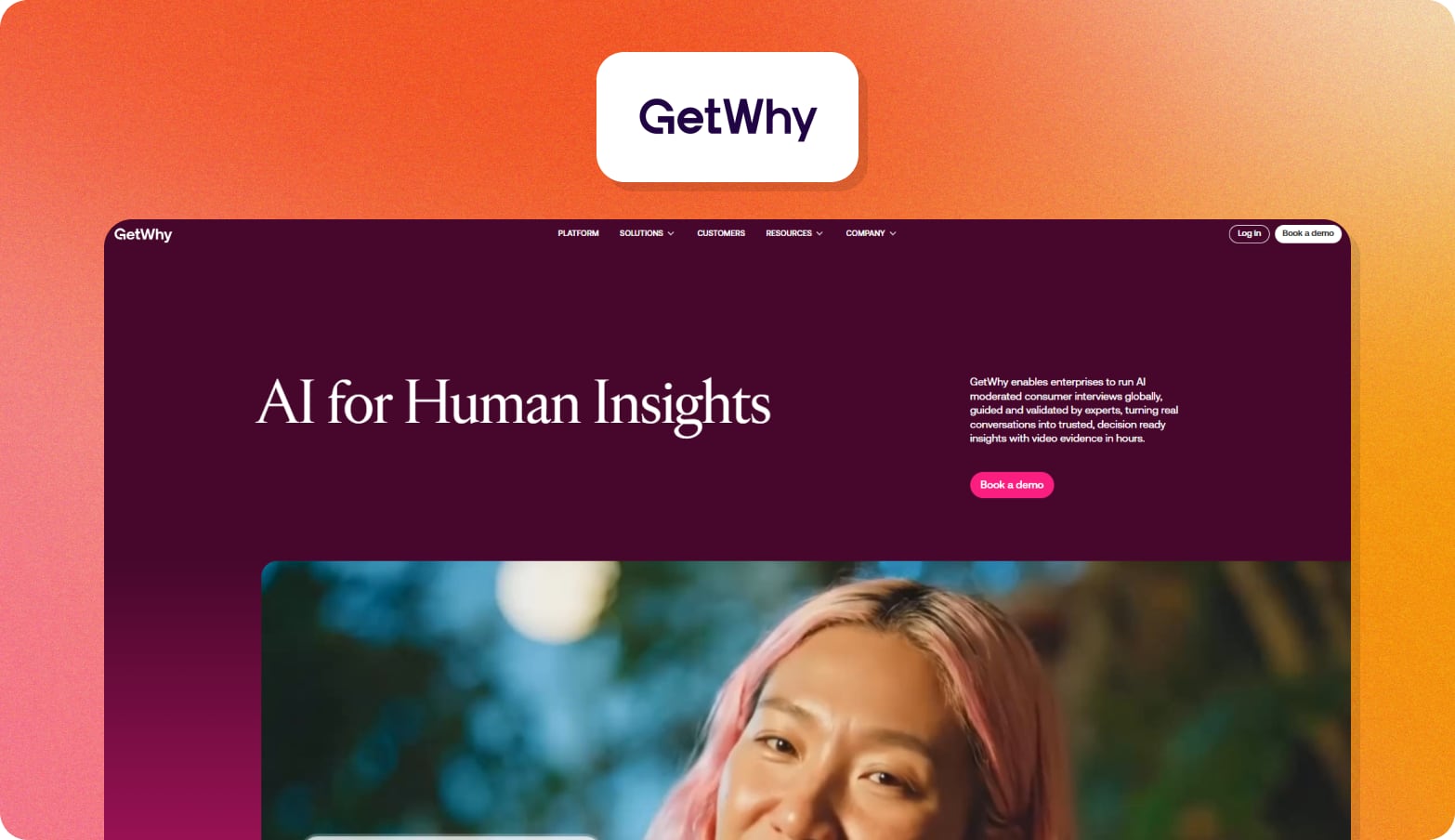 GetWhy logo above a screenshot of the GetWhy homepage with the headline AI for Human Insights on a dark plum background