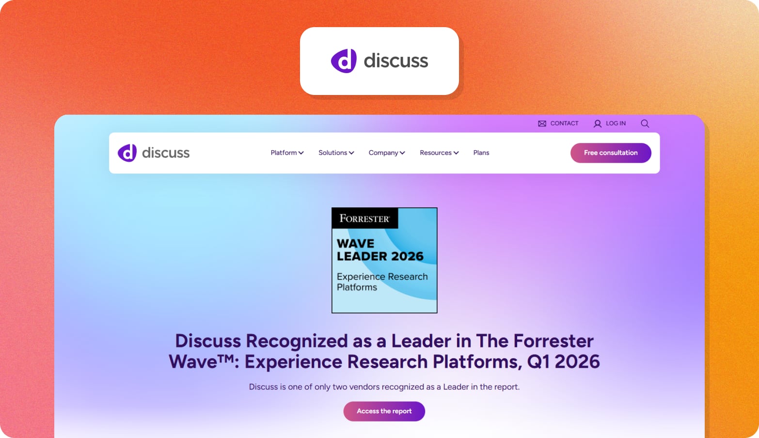 Discuss logo above a screenshot of the Discuss homepage announcing its recognition as a Leader in The Forrester Wave: Experience Research Platforms, Q1 2026