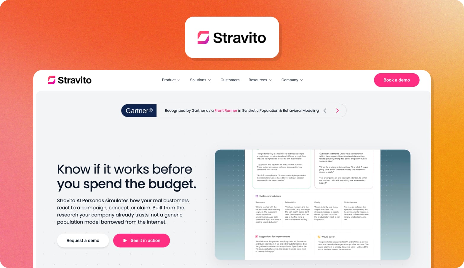 Stravito logo above a screenshot of the Stravito AI Personas page with the headline Know if it works before you spend the budget