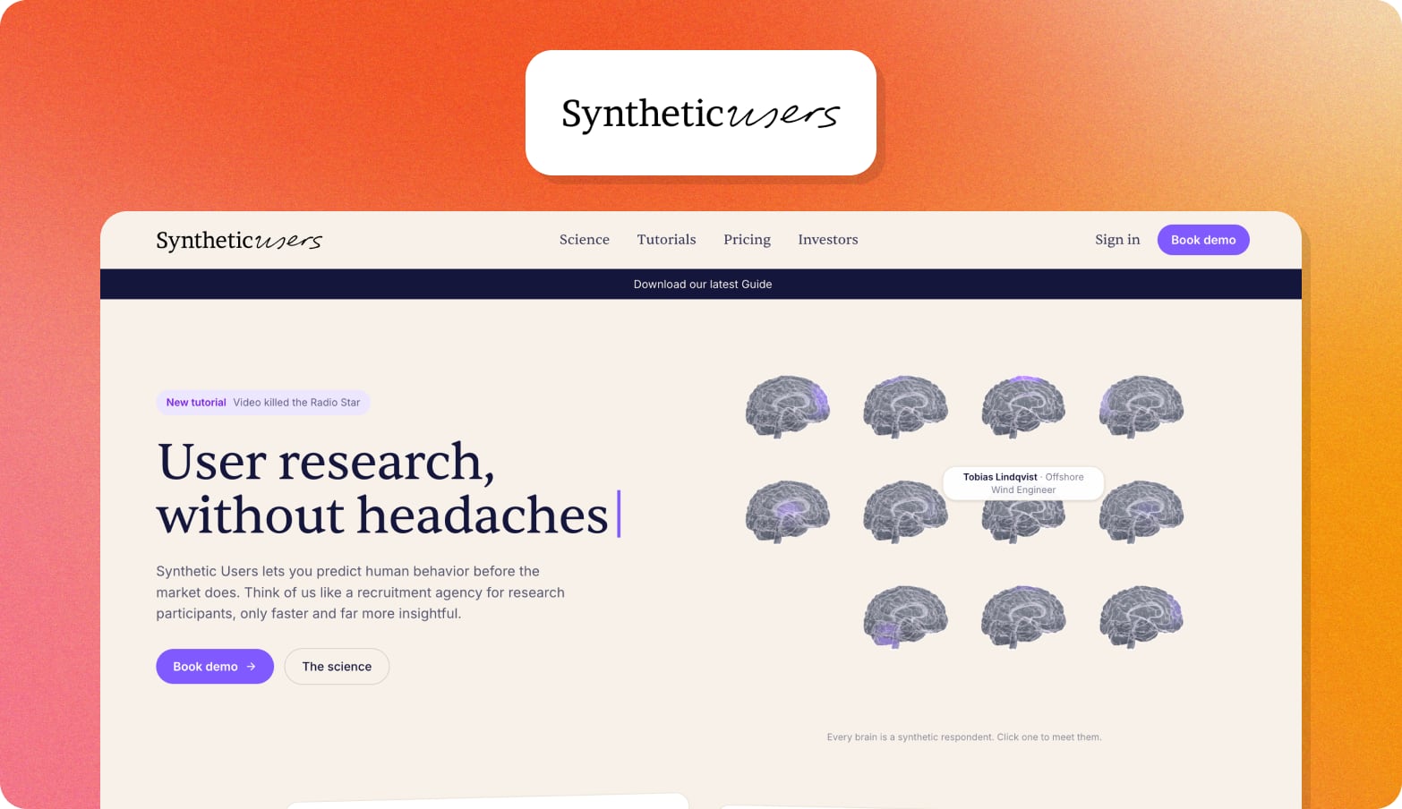 Synthetic Users logo above a screenshot of its homepage with the headline User research, without headaches and a grid of 3D brain illustrations