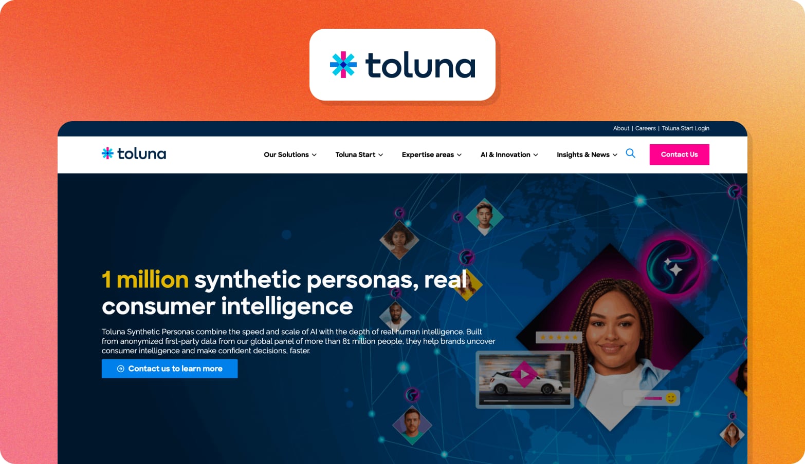 Toluna logo above a screenshot of the Toluna Synthetic Personas page with the headline 1 million synthetic personas, real consumer intelligence