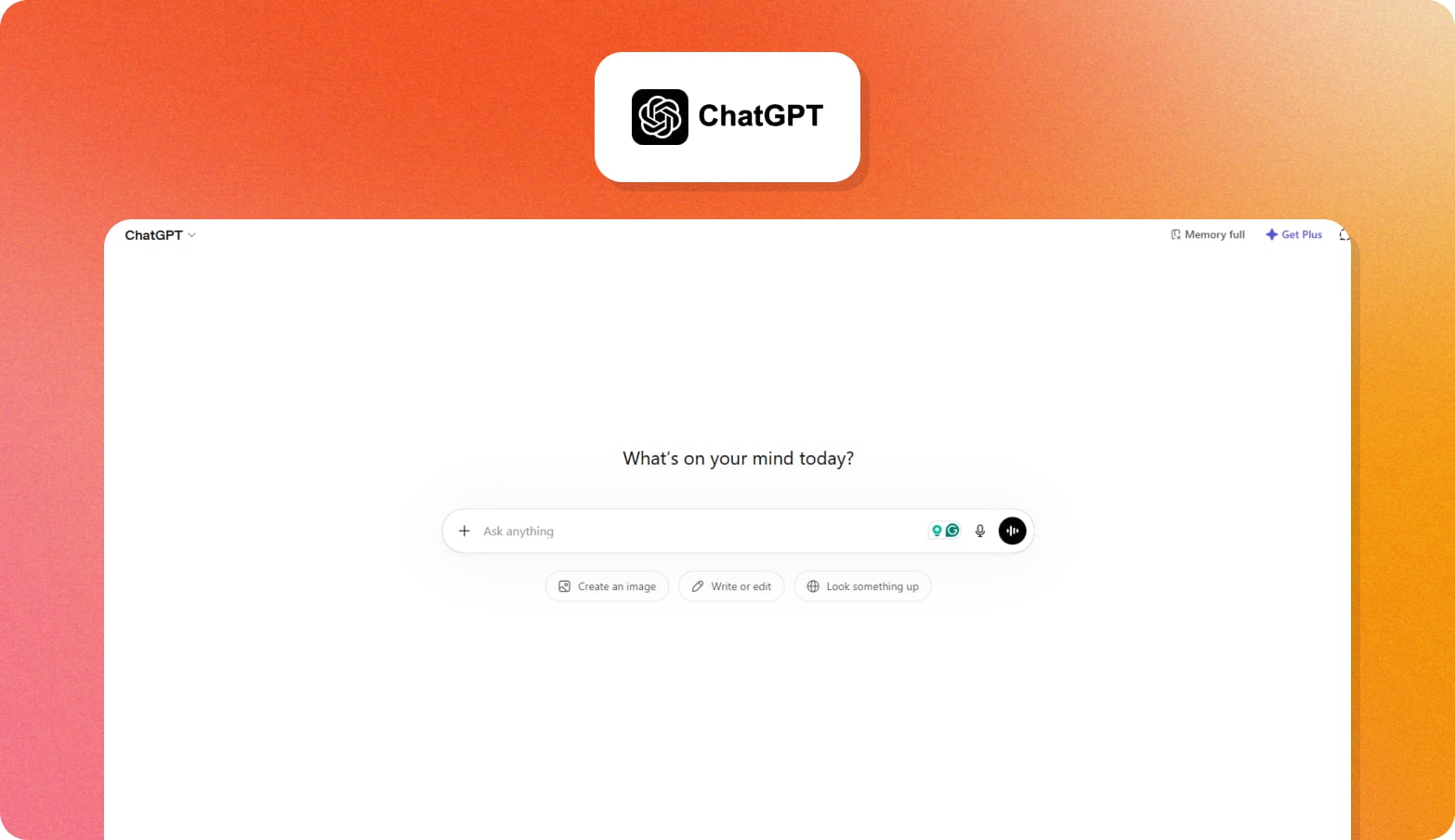 ChatGPT logo above a screenshot of the ChatGPT home screen with the prompt What's on your mind today? above an Ask anything input