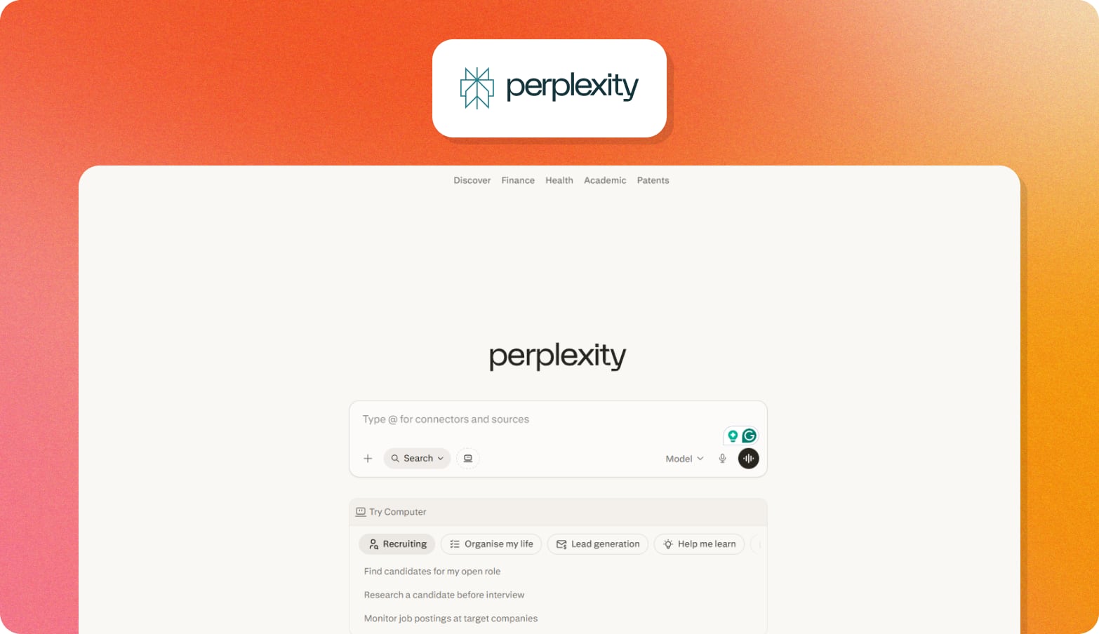 Perplexity logo above a screenshot of the Perplexity home screen with its search box and suggested prompts