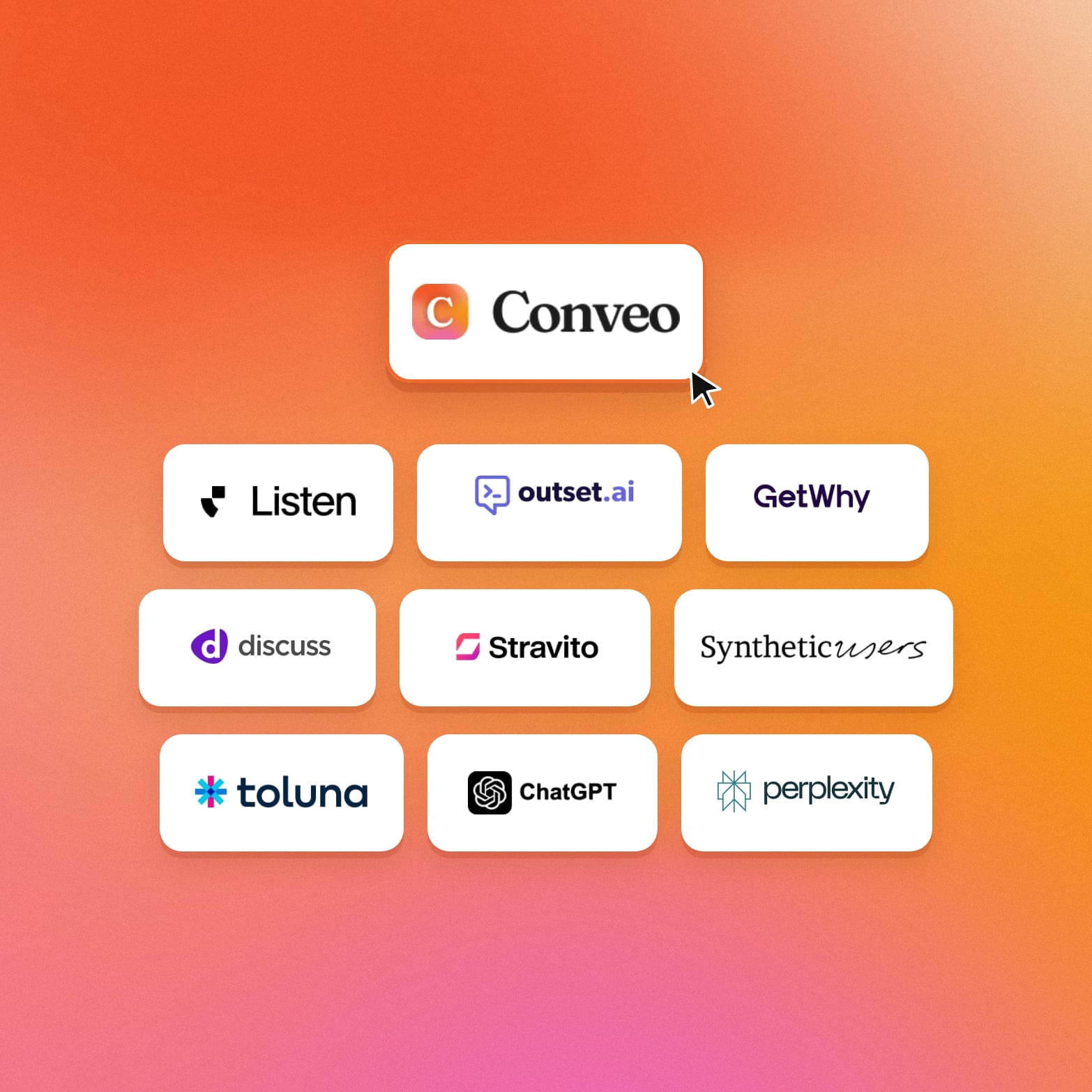 Conveo logo highlighted above a grid of AI market research tool logos: Listen, Outset, GetWhy, Discuss, Stravito, Synthetic Users, Toluna, ChatGPT, Perplexity