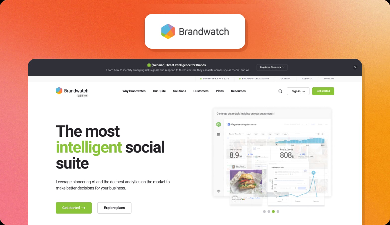Brandwatch logo above a screenshot of the Brandwatch homepage with the headline The most intelligent social suite