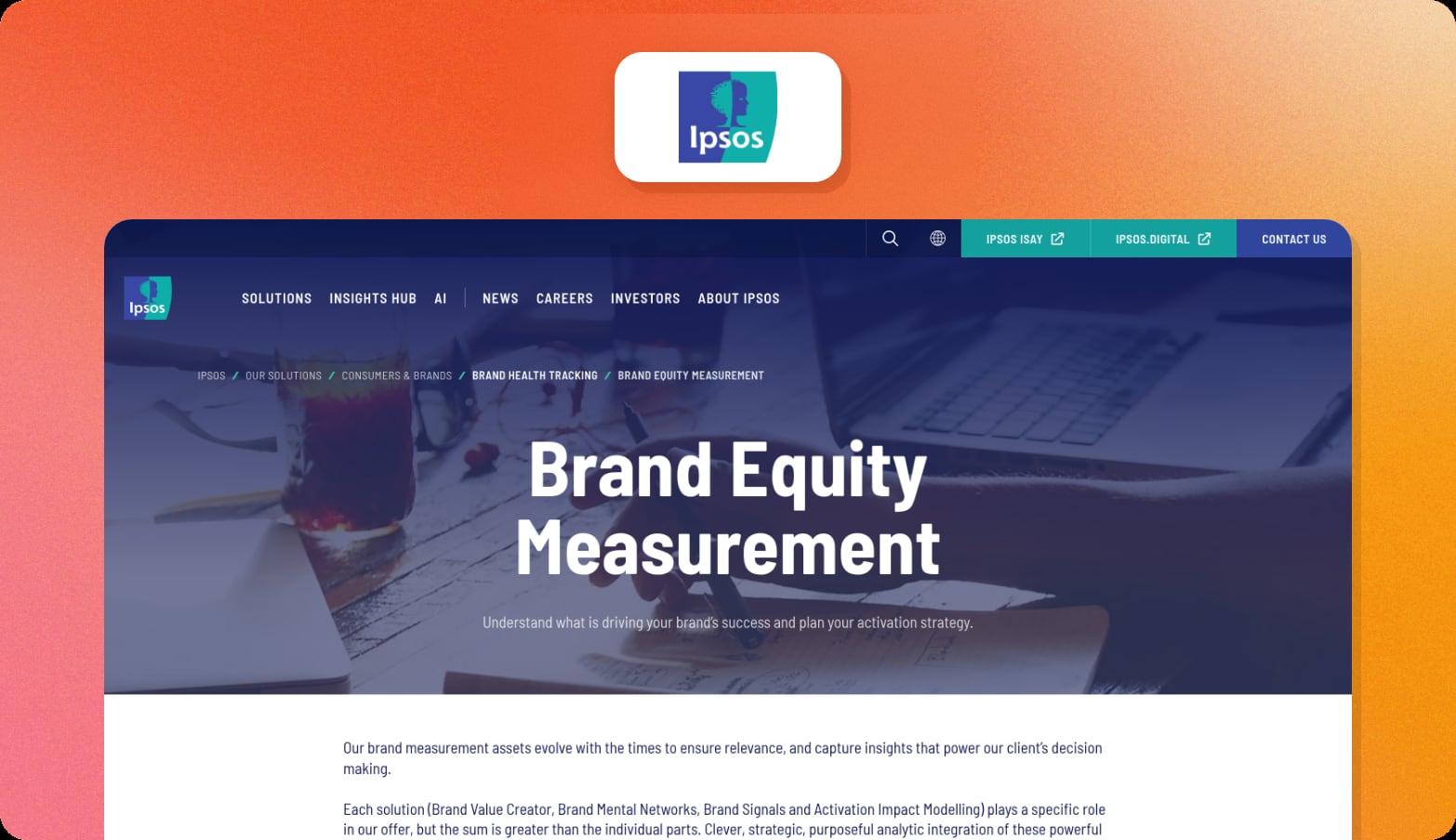 Ipsos logo above a screenshot of the Ipsos page with the headline Brand Equity Measurement and a note on what drives brand success