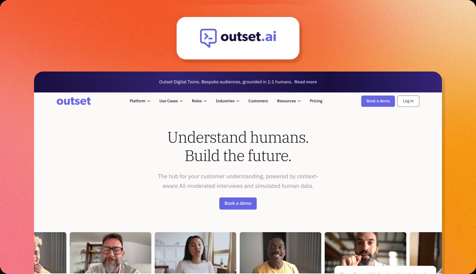 Outset logo above a screenshot of the Outset homepage with the headline Understand humans. Build the future.