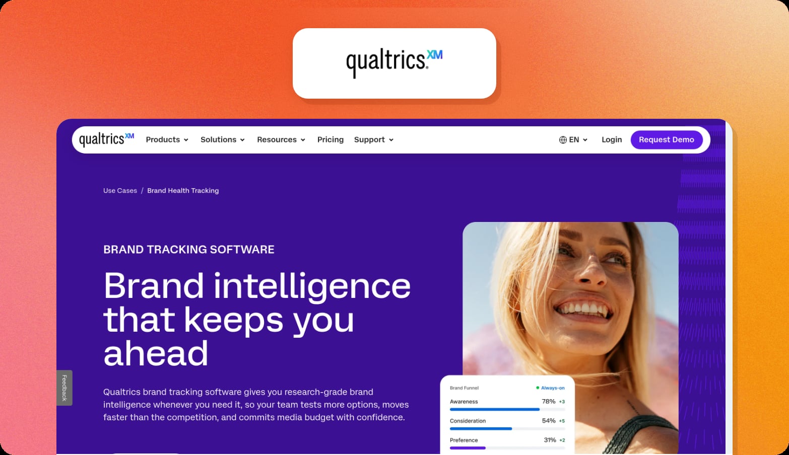 Qualtrics XM logo above a screenshot of the Qualtrics brand tracking page with the headline Brand intelligence that keeps you ahead