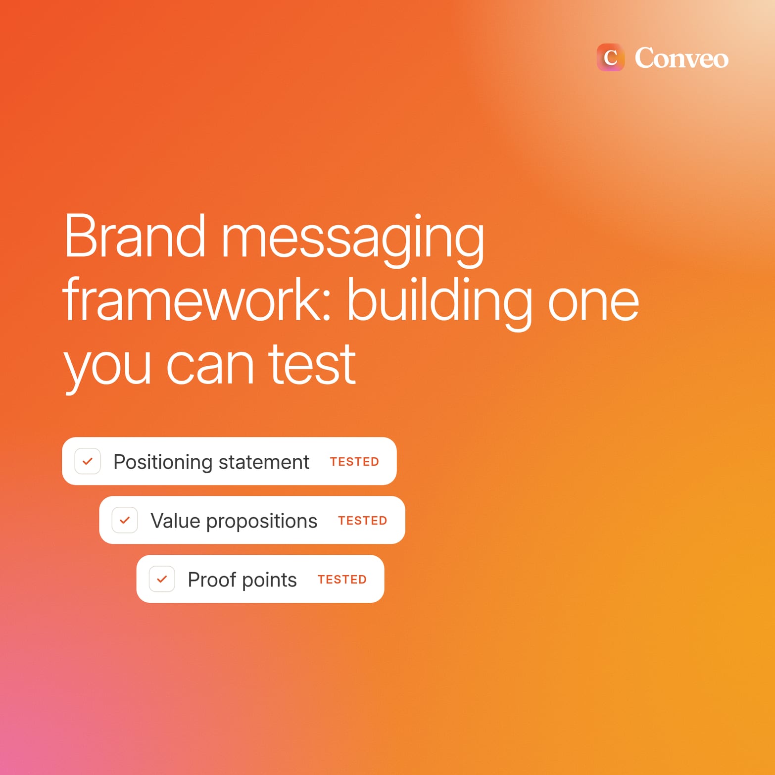 Orange gradient cover titled Brand messaging framework: building one you can test, with three checked cards for tested framework parts