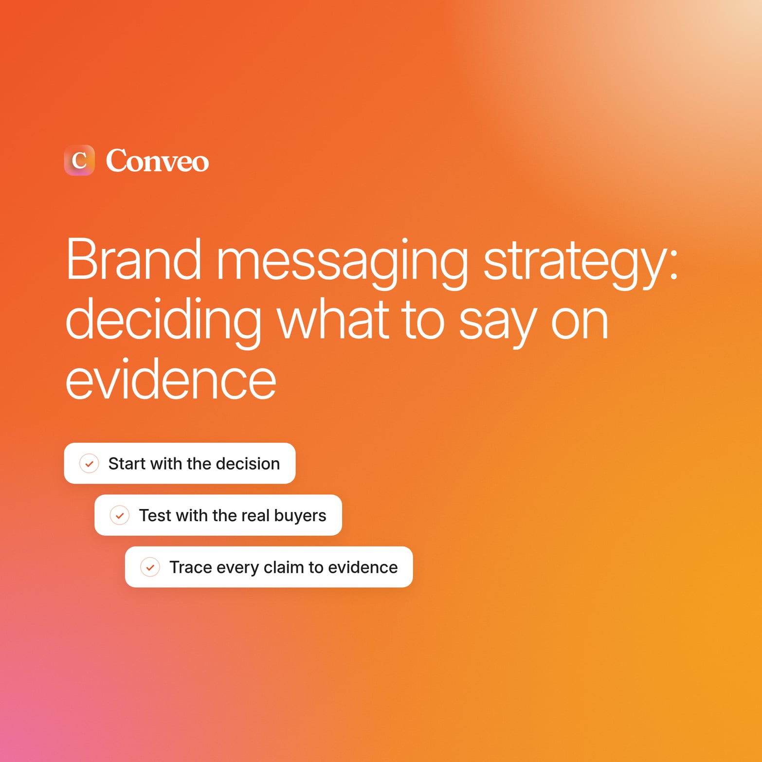 Conveo cover on an orange gradient titled Brand messaging strategy: deciding what to say on evidence, with three checked steps below