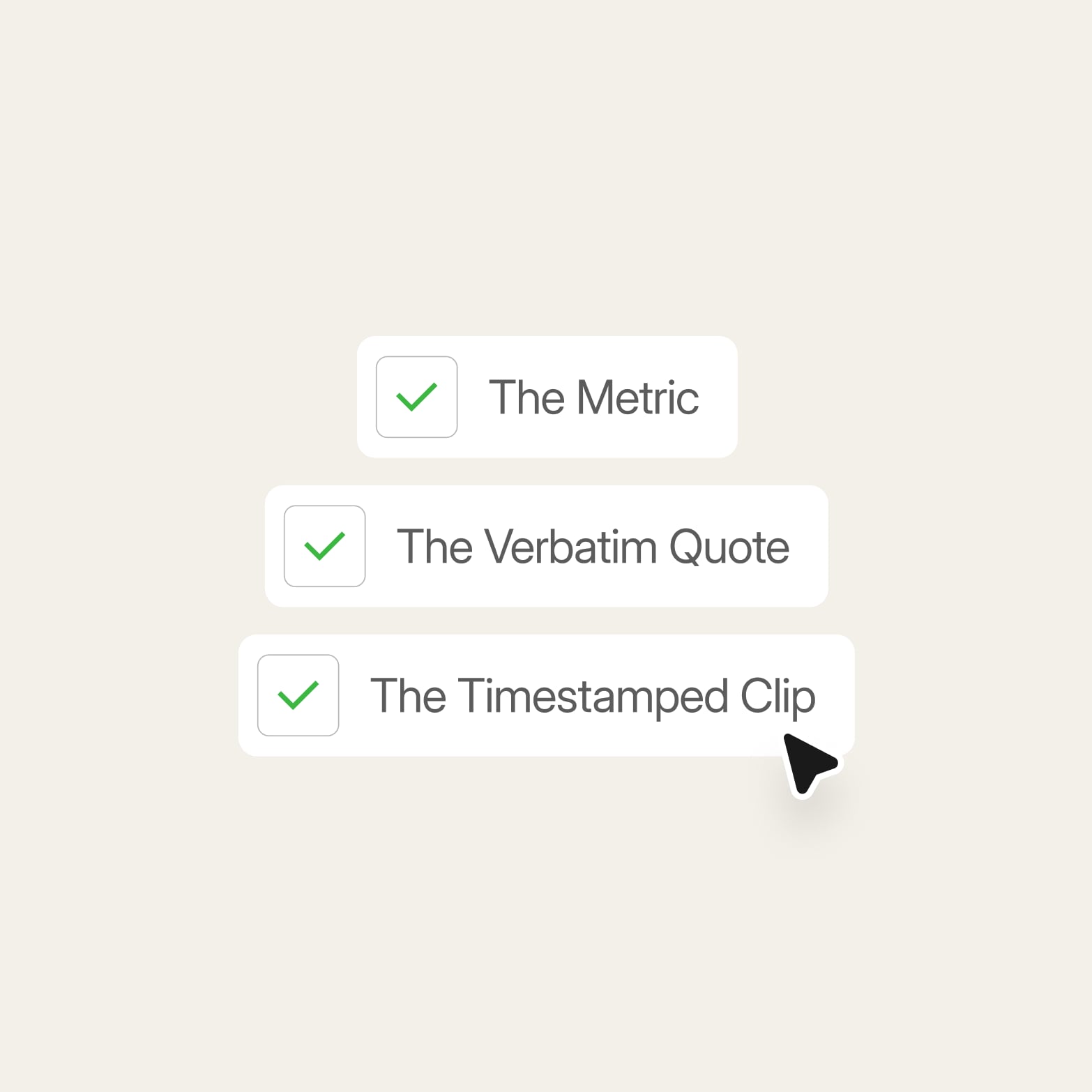 Three checked boxes reading the metric, the verbatim quote and the timestamped clip, the steps to a stakeholder-ready concept test finding