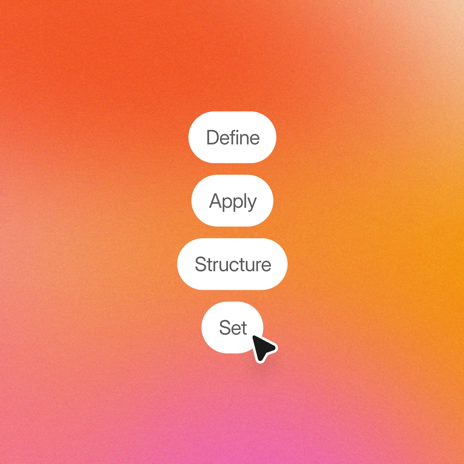 Four white pill buttons stacked on an orange-to-pink gradient reading Define, Apply, Structure and Set, with a cursor clicking Set, representing the steps of a conjoint study