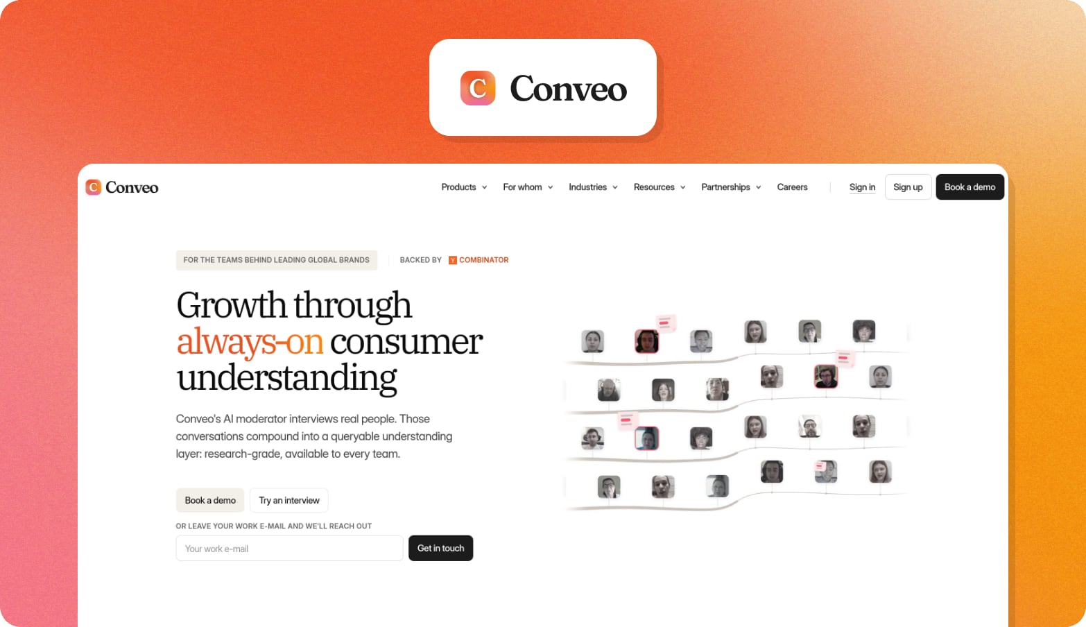Conveo logo above a screenshot of the Conveo homepage with the headline Growth through always-on consumer understanding