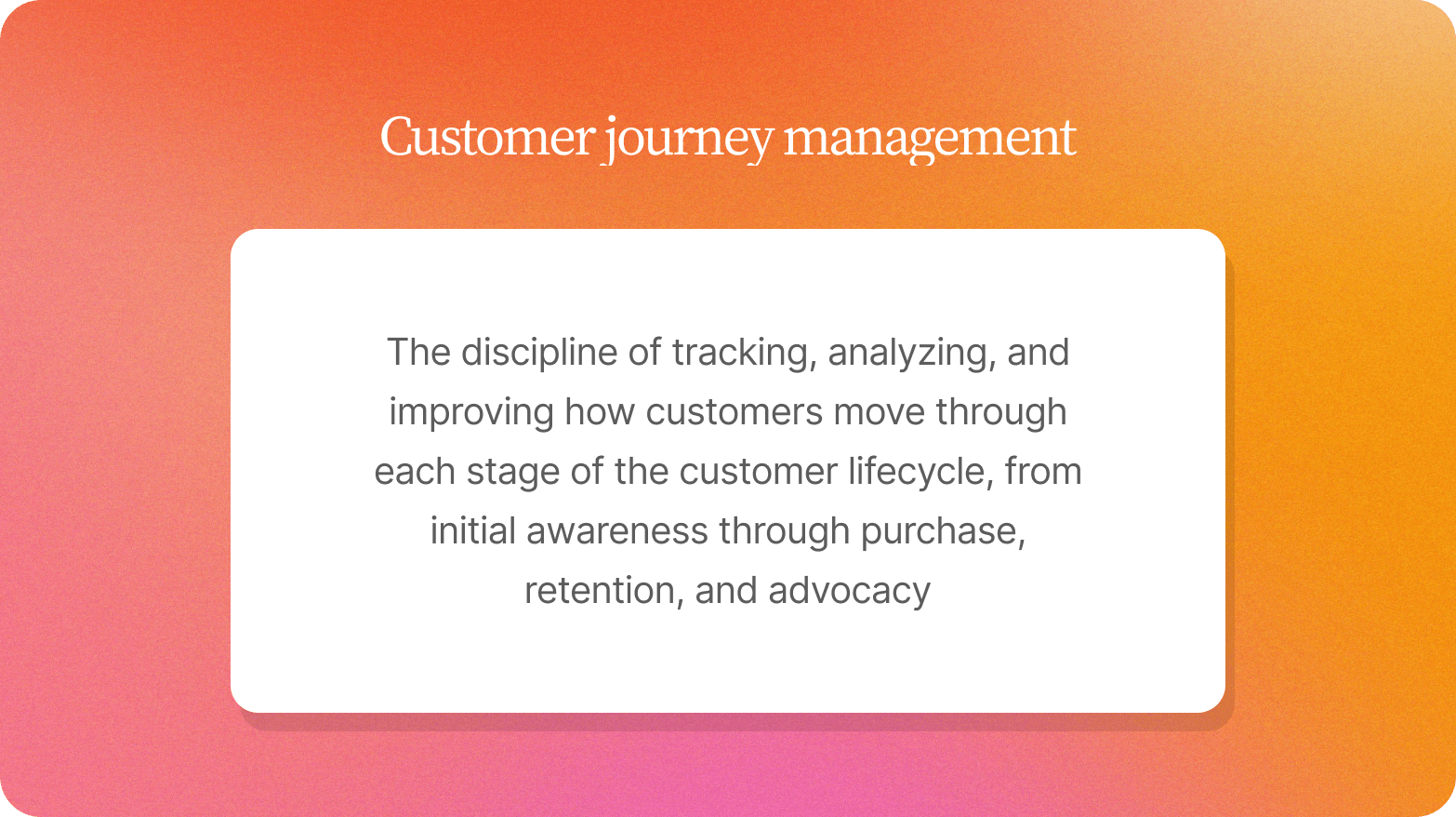 Definition card on an orange gradient: customer journey management tracks and improves how customers move from awareness to advocacy