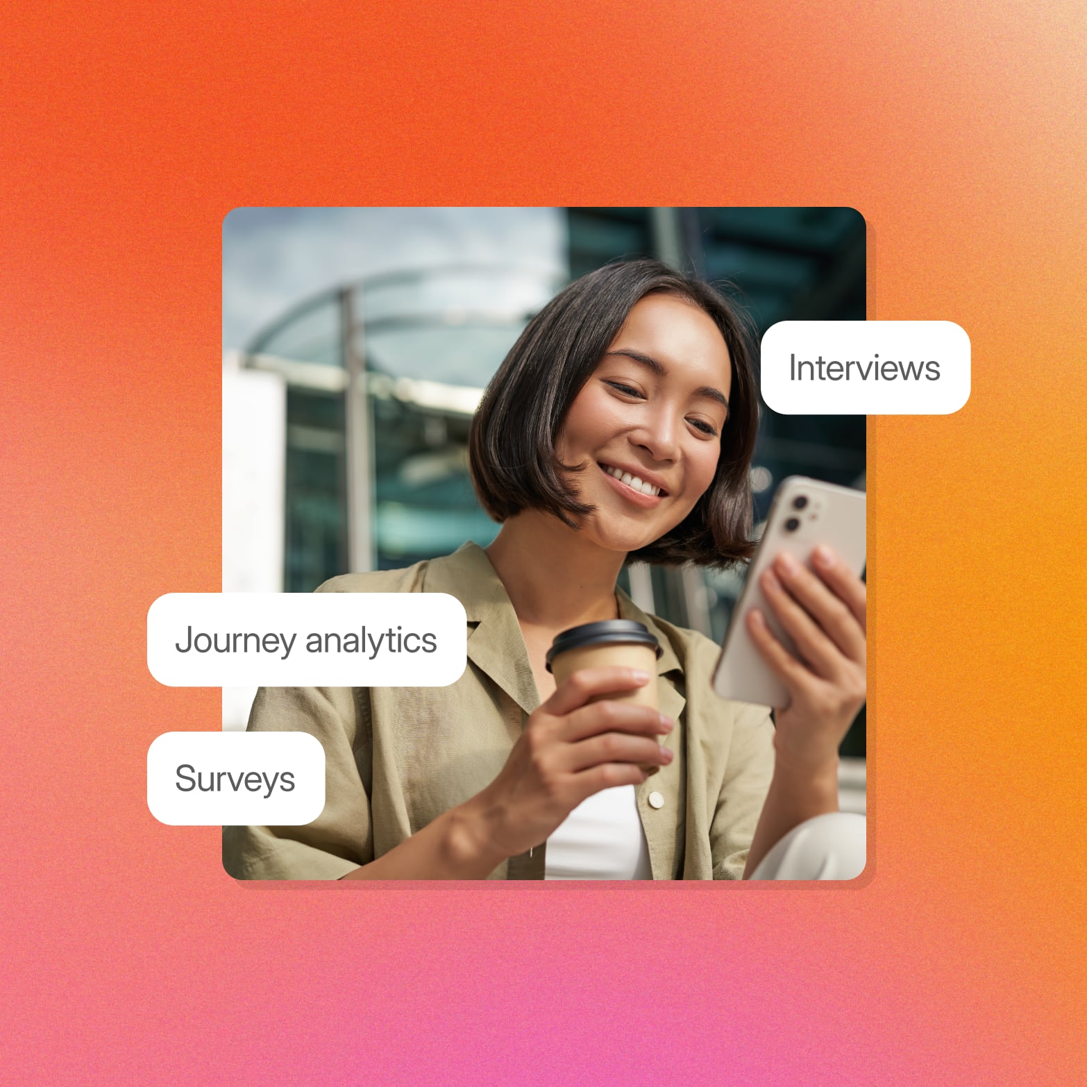 Woman smiling at her phone, framed by Journey analytics, Surveys and Interviews labels, the evidence sources behind journey management