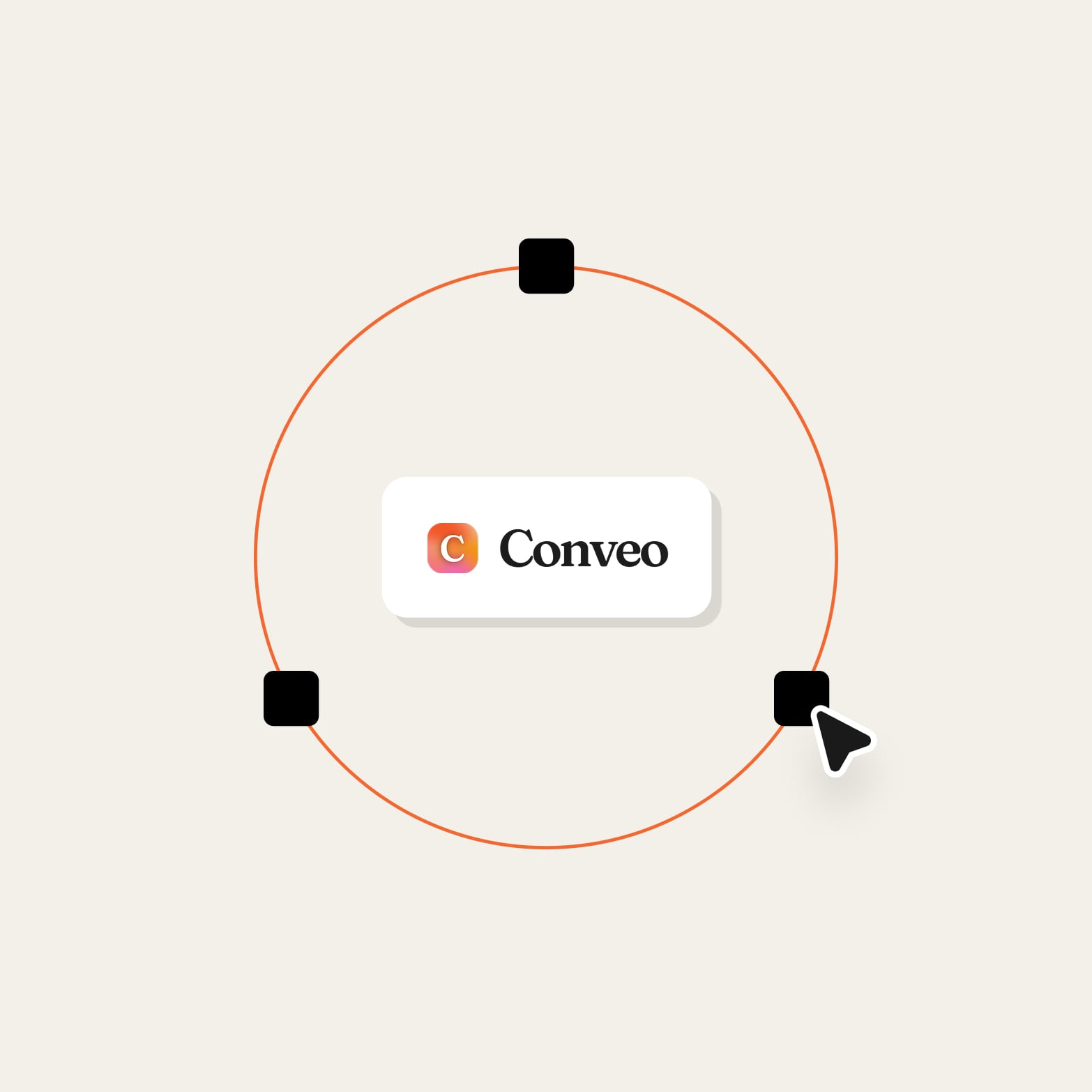 Conveo logo inside an orange circle with three black nodes and a cursor, representing decision points along a customer journey