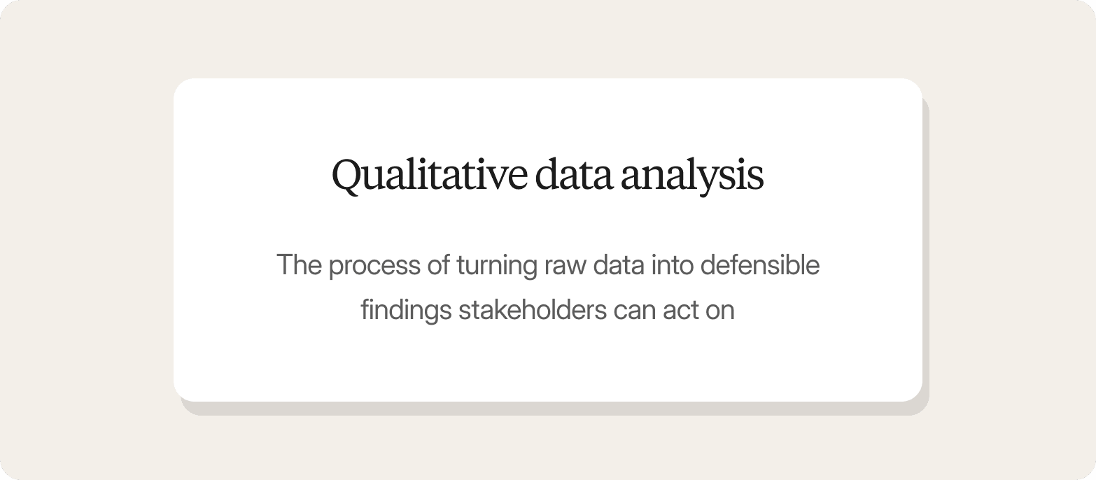 Definition card: qualitative data analysis is the process of turning raw data into defensible findings stakeholders can act on