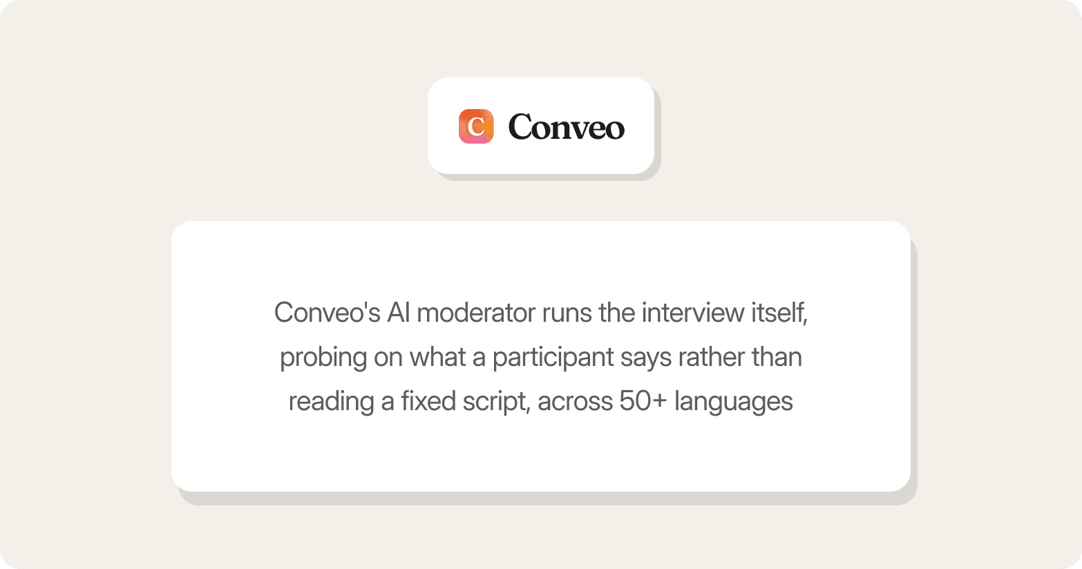 Conveo logo above a card saying its AI runs the interview itself, probing on what participants say instead of a fixed script, in 50+ languages