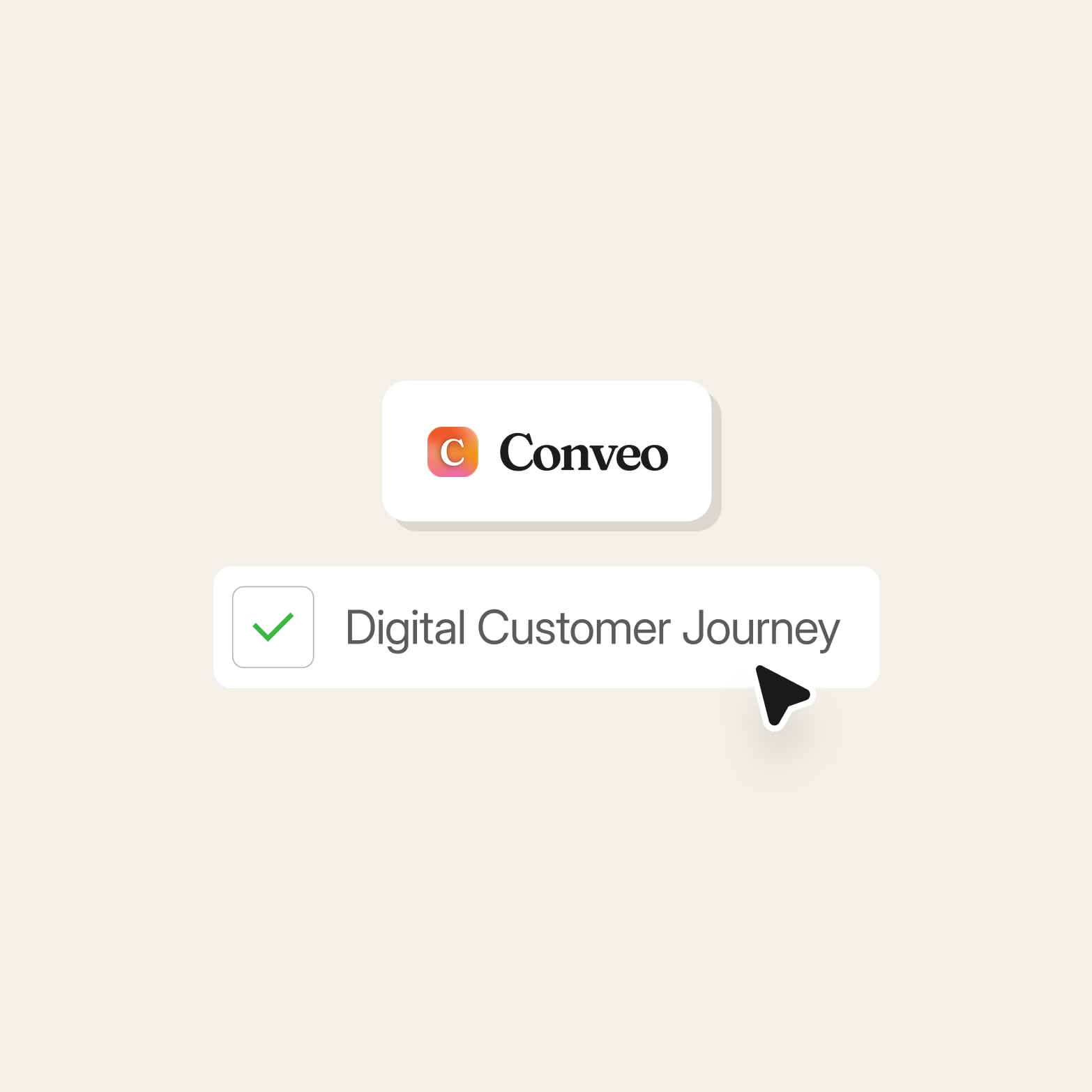 Conveo logo card above a checked Digital Customer Journey checkbox with a cursor clicking it, on a beige background