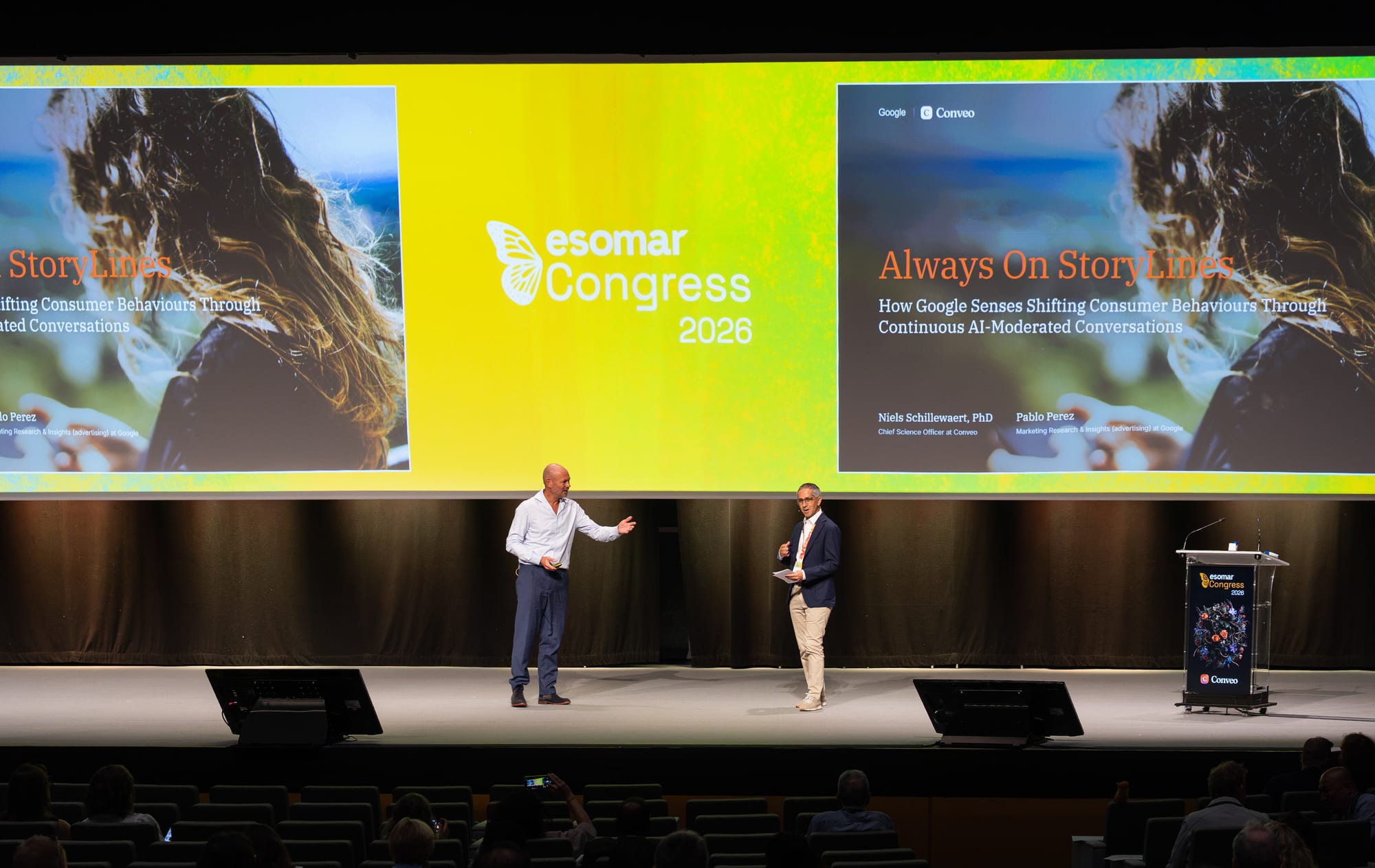 Niels Schillewaert of Conveo and Pablo Pérez of Google on the ESOMAR Congress 2026 stage, the slide behind them reading Always On StoryLines: How Google Senses Shifting Consumer Behaviours Through Continuous AI-Moderated Conversations.