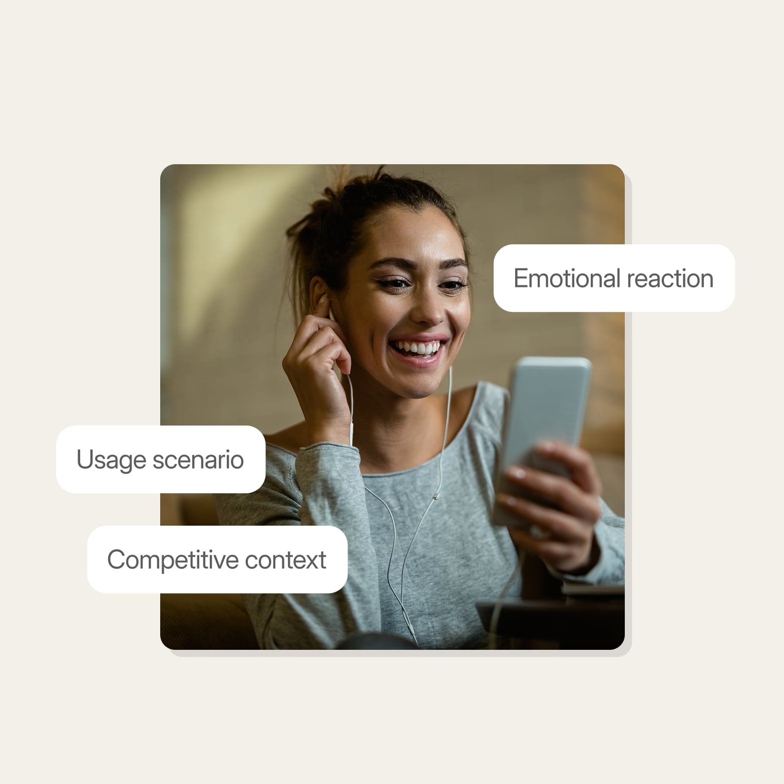 Smiling woman with earbuds watching her phone, tagged Emotional reaction, Usage scenario and Competitive context, three things a concept test measures