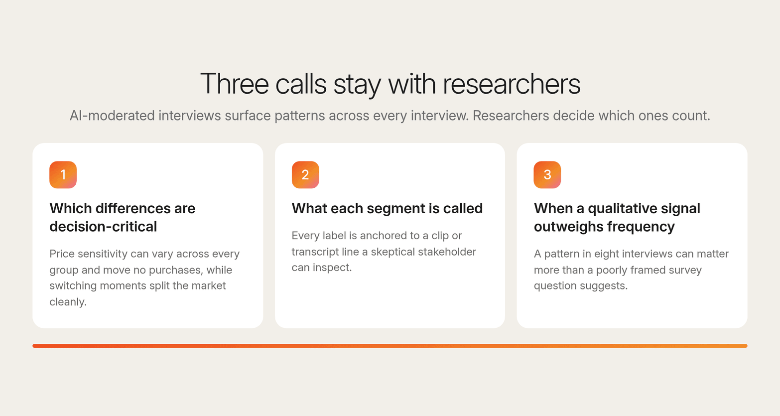 Three cards for the calls researchers keep: which differences are decision-critical, what each segment is called, and when a qualitative signal outweighs frequency