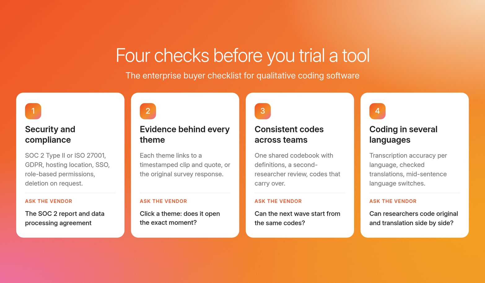 Four numbered cards for checks before a trial: security and compliance, evidence behind themes, consistent codes and languages