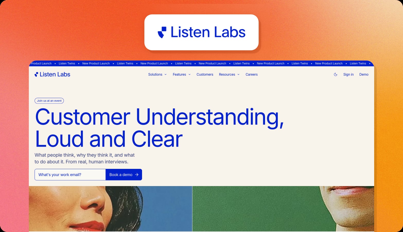Listen Labs logo above a screenshot of the Listen Labs homepage with the headline Customer Understanding, Loud and Clear