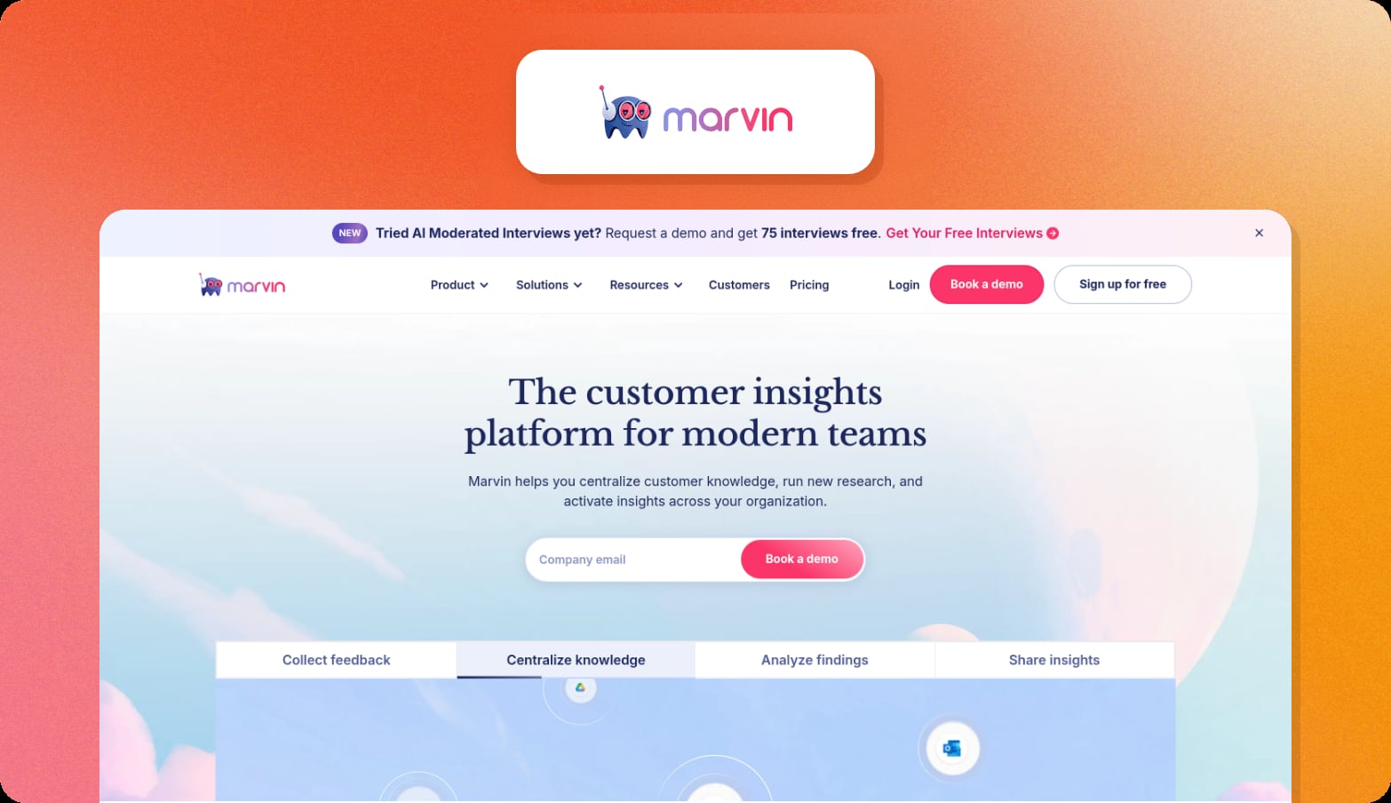 Marvin logo above a screenshot of the Marvin homepage with the headline The customer insights platform for modern teams