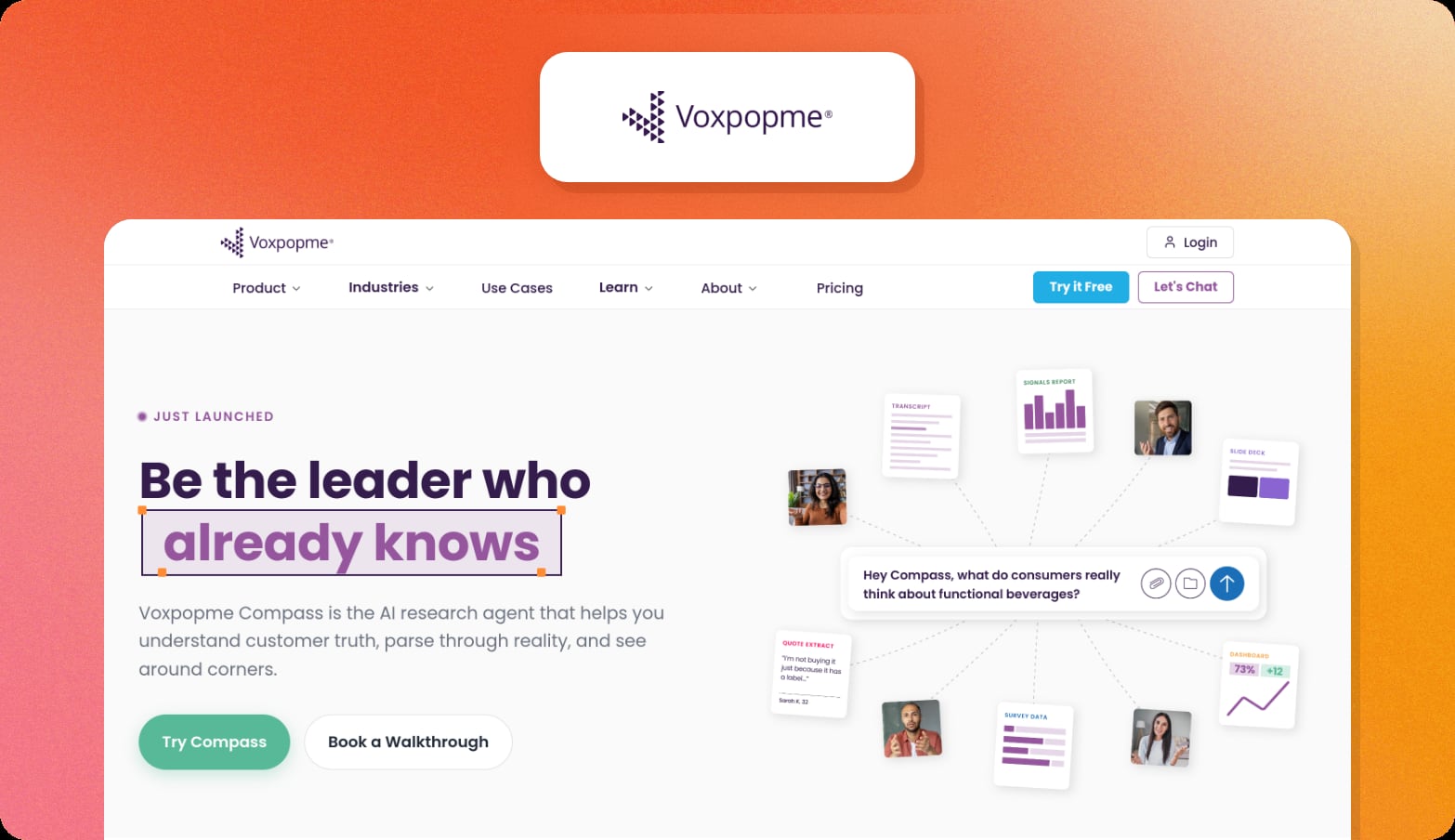 Voxpopme logo above a screenshot of the Voxpopme homepage with the headline Be the leader who already knows
