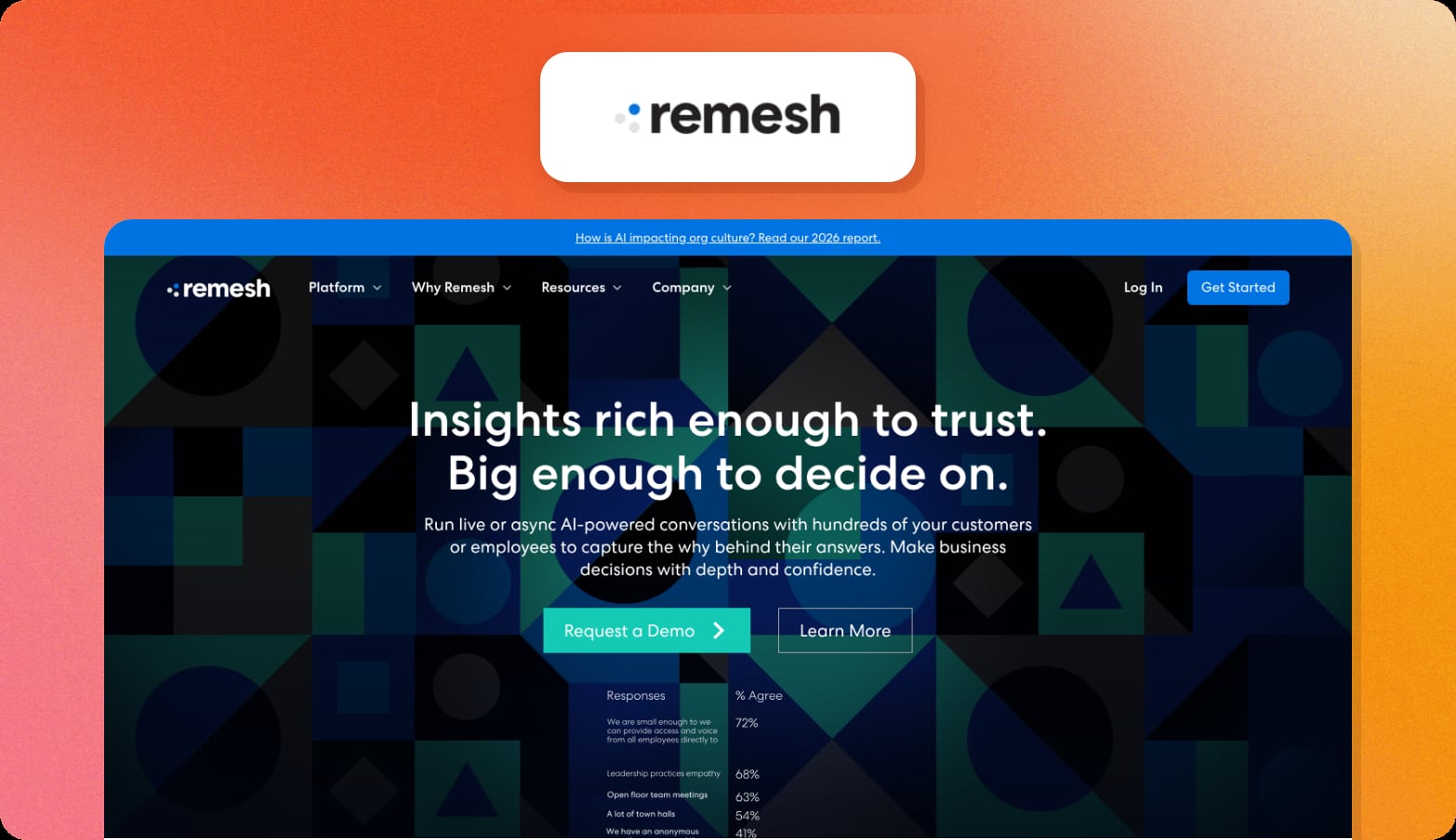 Remesh logo above a screenshot of the Remesh homepage with the headline Insights rich enough to trust. Big enough to decide on.