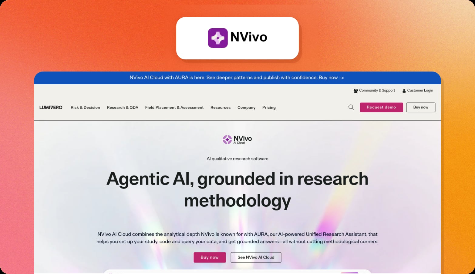 NVivo logo above a screenshot of the Lumivero NVivo AI Cloud page with the headline Agentic AI, grounded in research methodology