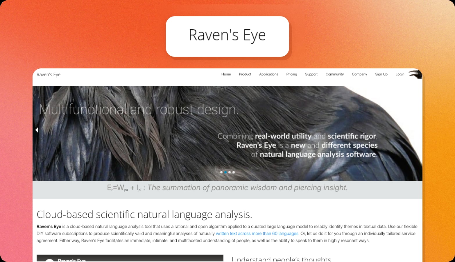 Raven’s Eye wordmark above a screenshot of the Raven’s Eye homepage with the slide headline Multifunctional and robust design