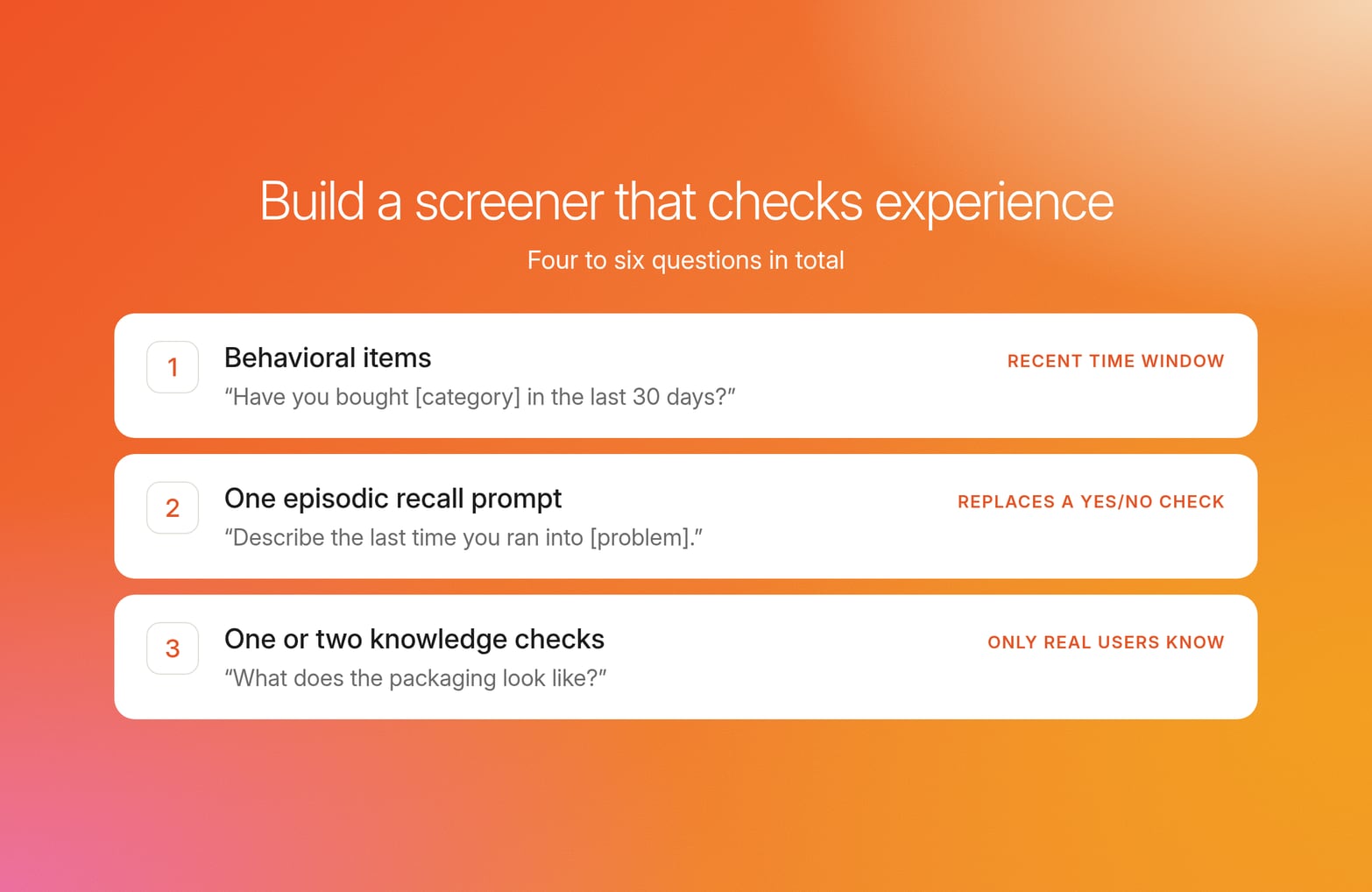 Three numbered cards show a screener built from behavioral items, one episodic recall prompt and one or two knowledge checks, four to six in total