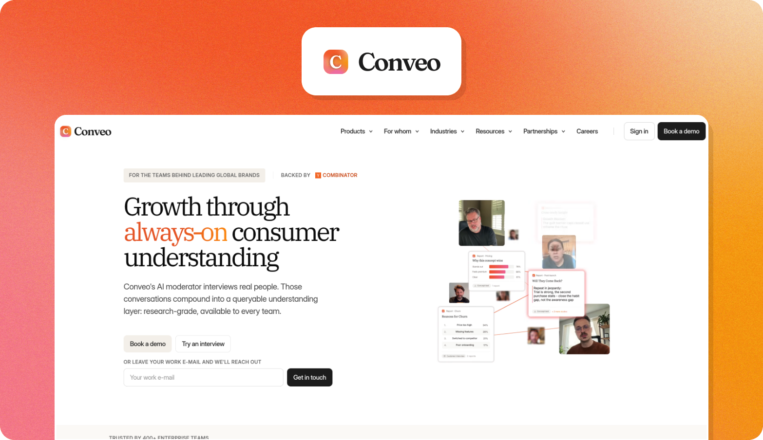 Conveo logo above a screenshot of the Conveo homepage with the headline Growth through always-on consumer understanding